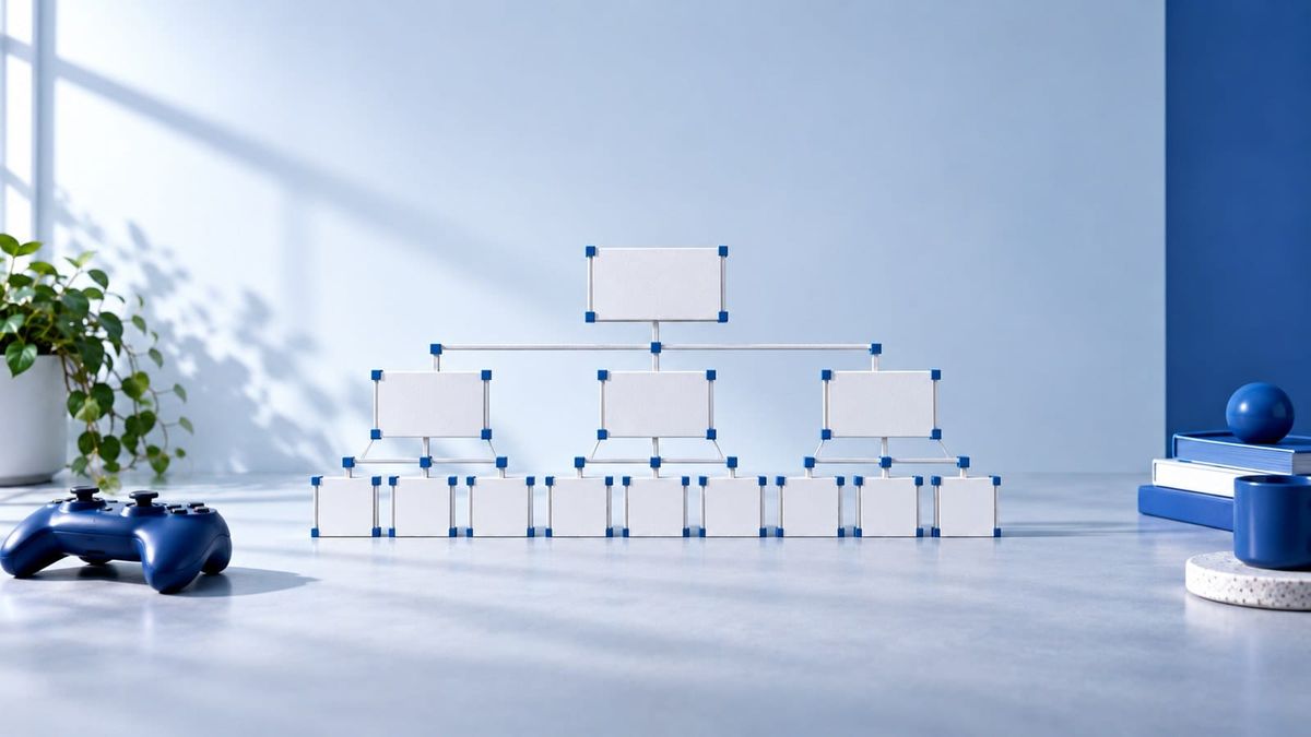 Blank white cards linked in a hierarchy with blue joints — SeeIndie
