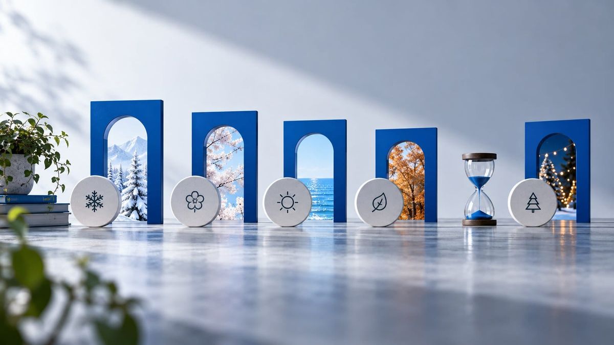 Blank calendar discs beside small blue exhibition gates — SeeIndie