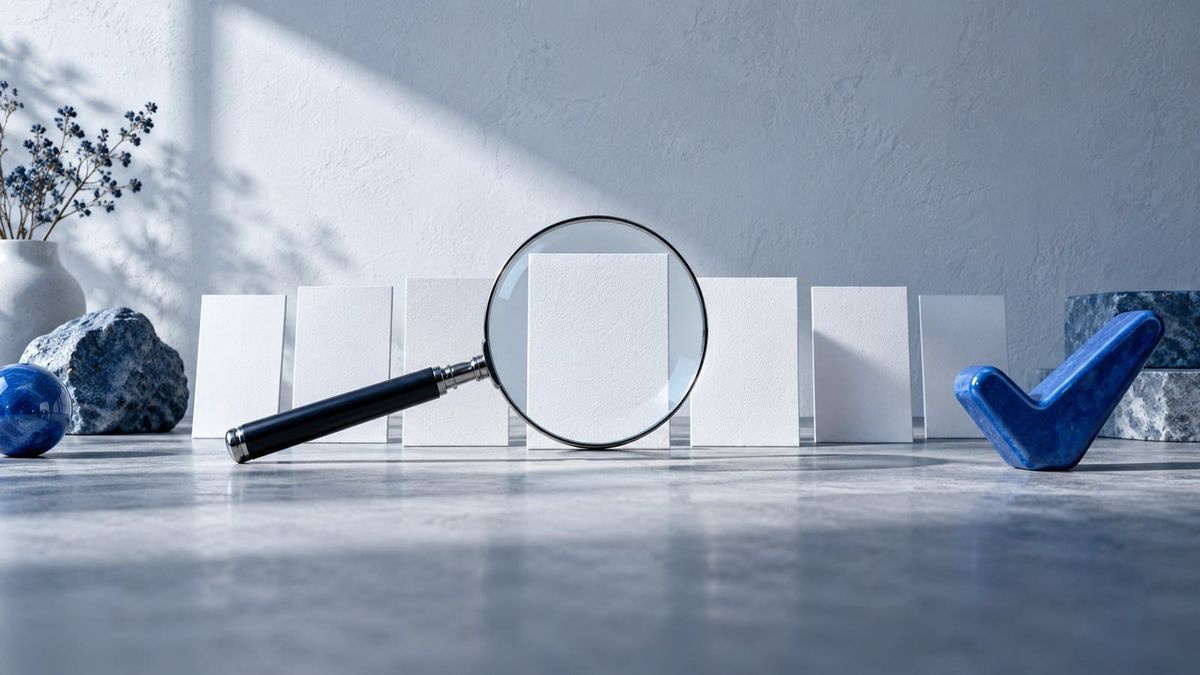 Magnifying glass above blank page cards and a blue check shape — SeeIndie