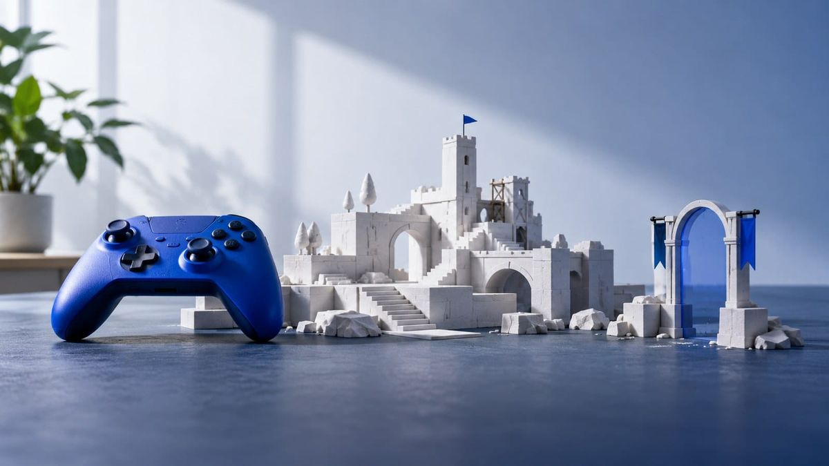 Blue controller beside an unfinished miniature game-world model — SeeIndie