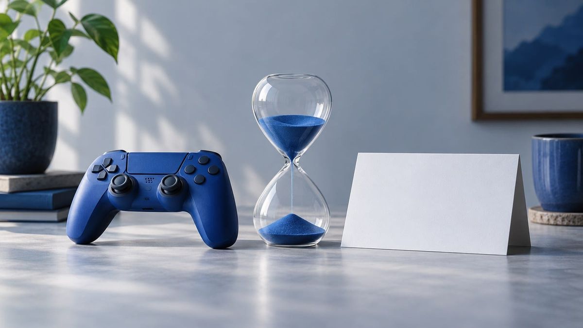 A blue controller beside an hourglass and a blank card — SeeIndie