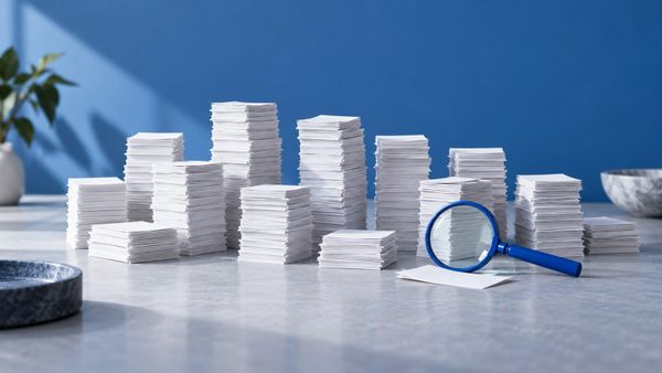 Stacks of blank pages beside a small blue magnifier — SeeIndie