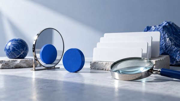 A blue identity token reflected in a mirror beside blank cards — SeeIndie