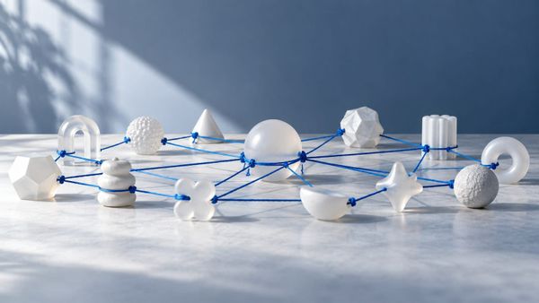 Blue cords linking translucent tokens into a map — SeeIndie