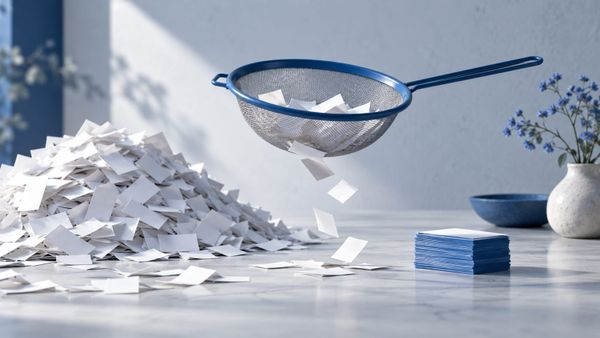 A blue sieve sorting paper slips into a small neat stack — SeeIndie