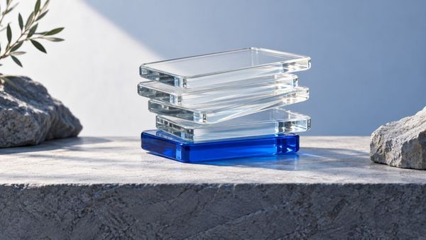 Clear glass cards supported by a blue source card — SeeIndie