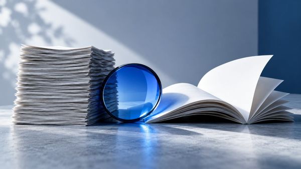 A stack of paper and an open book beside a blue lens — SeeIndie