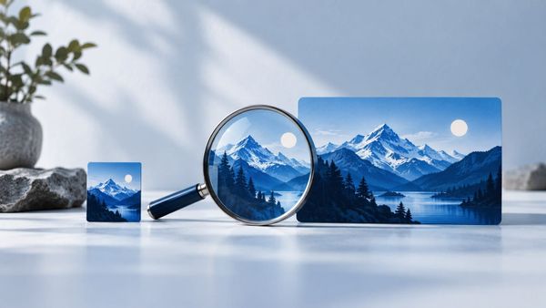 Small and large blue artwork cards beside a magnifying lens — SeeIndie