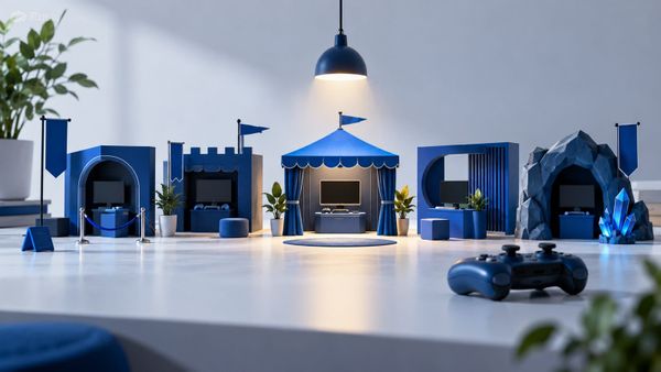 Miniature blue exhibition booths beside a controller — SeeIndie