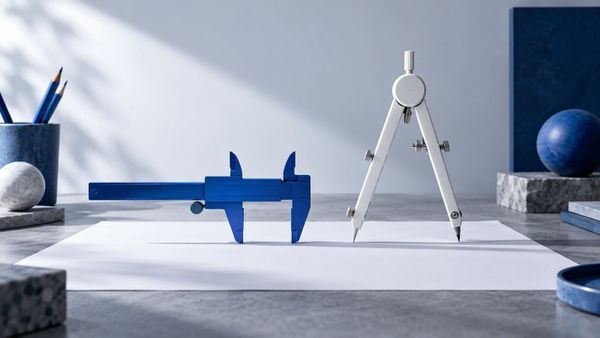 A blue caliper and a white compass on blank paper — SeeIndie