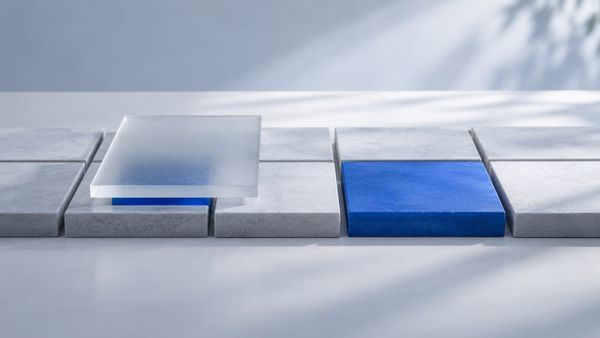 A blue tile beneath frosted glass beside an exposed tile — SeeIndie