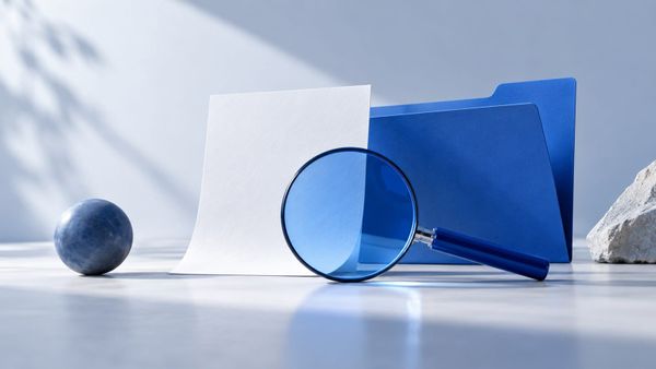 A white document sculpture behind a blue reading lens — SeeIndie