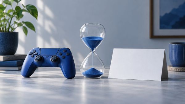 A blue controller beside an hourglass and a blank card — SeeIndie