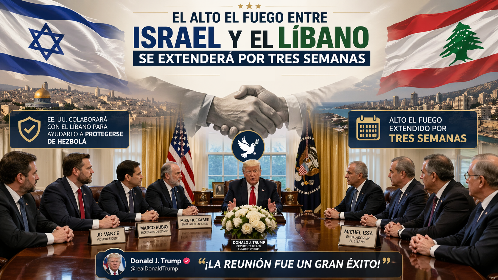 El alto el fuego entre Israel y el Líbano se extenderá por tres semanas: Trump