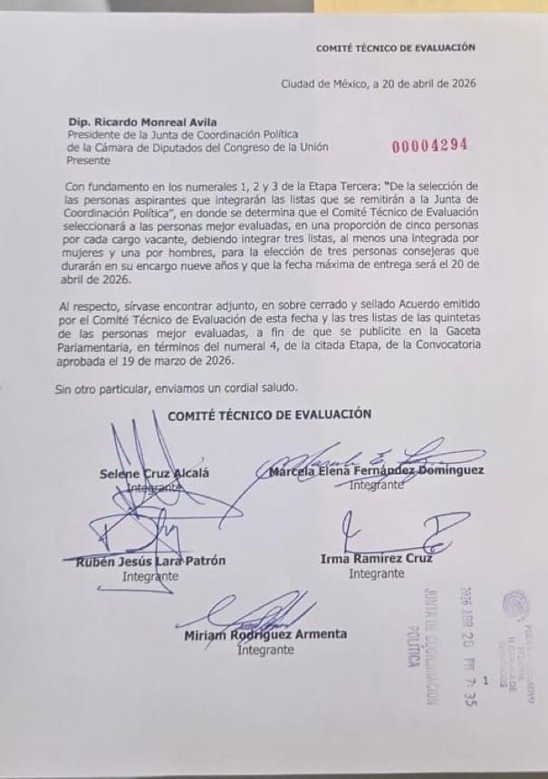 Recibe Jucopo de diputados las listas de candidatos al consejo general del INE
