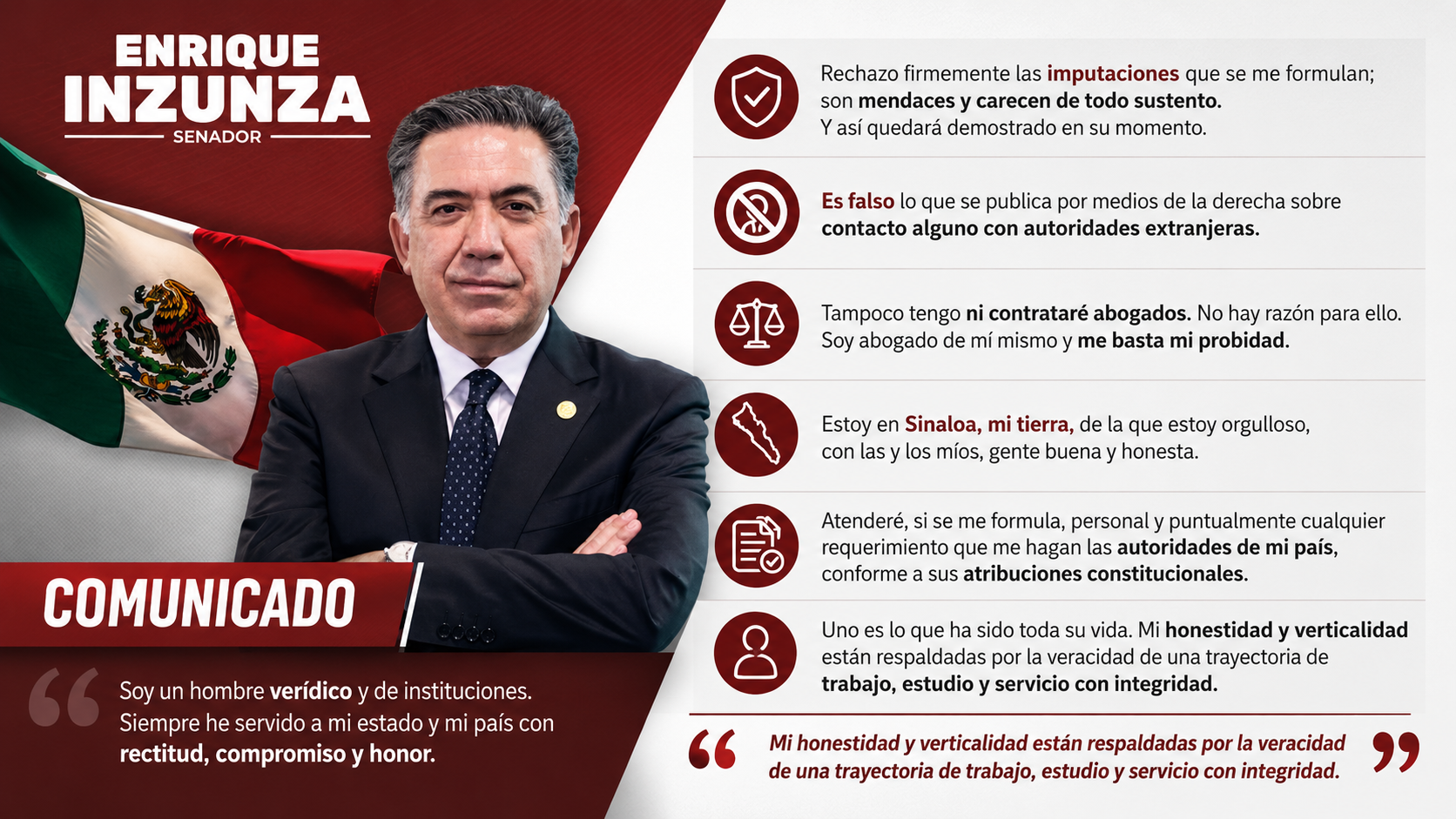 Niega el Senador Enrique Inzunza que haya sido detenido en Estados Unidos