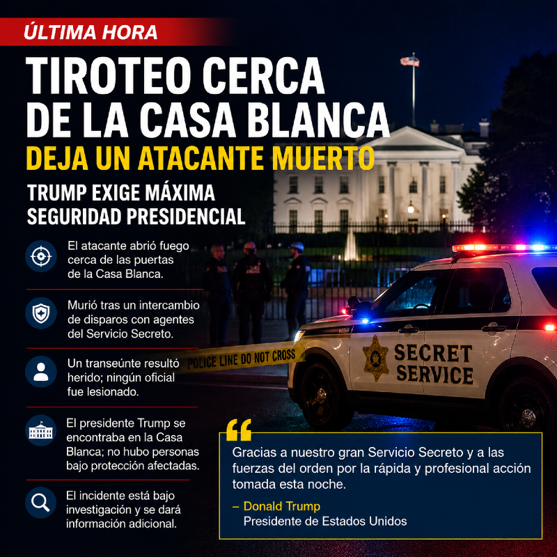Tiroteo cerca de la Casa Blanca deja un atacante muerto; Trump exige máxima seguridad presidencial