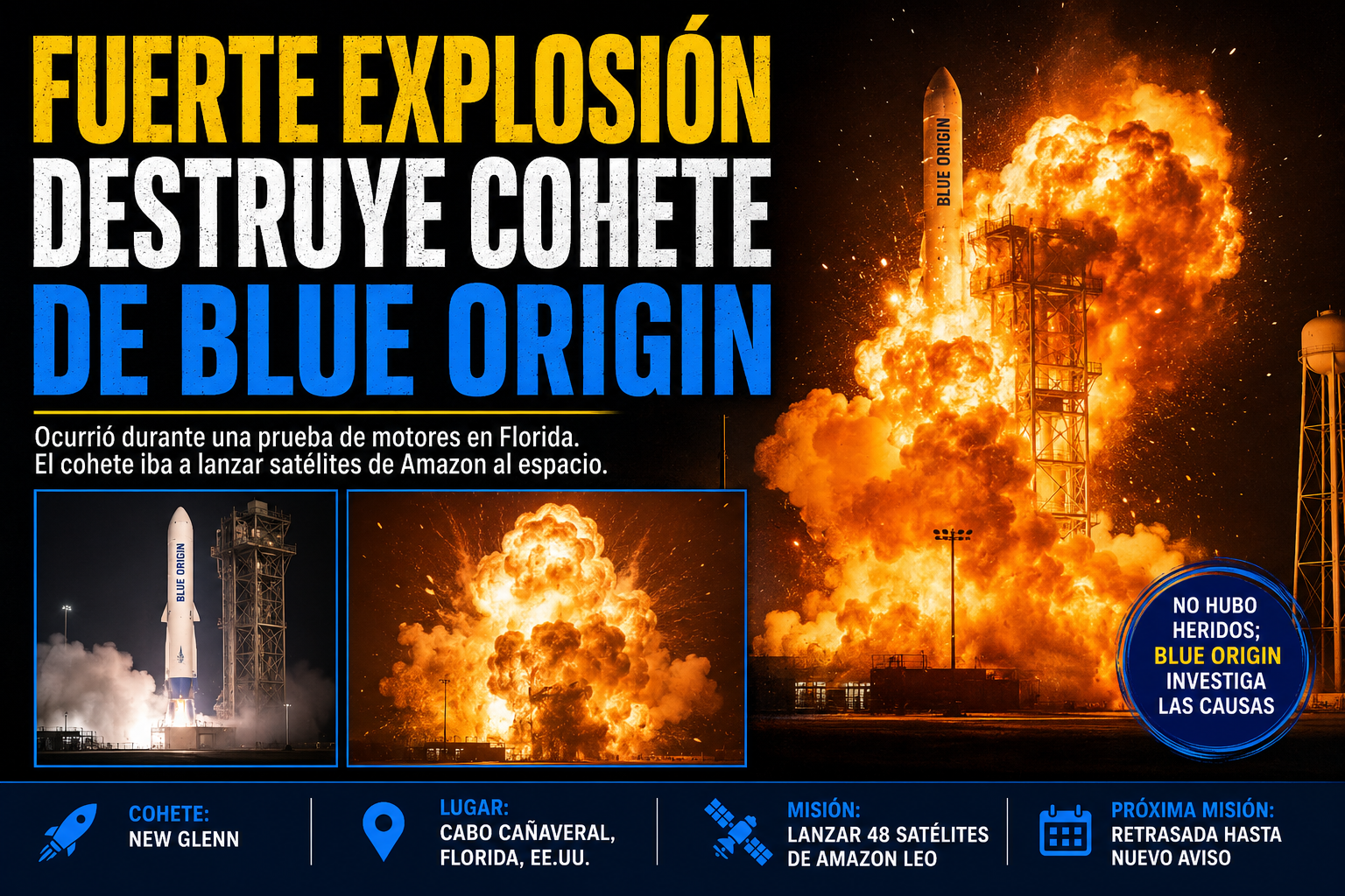 Explota un cohete de Blue Origin que iba a llevar al espacio 48 satélites de Amazon