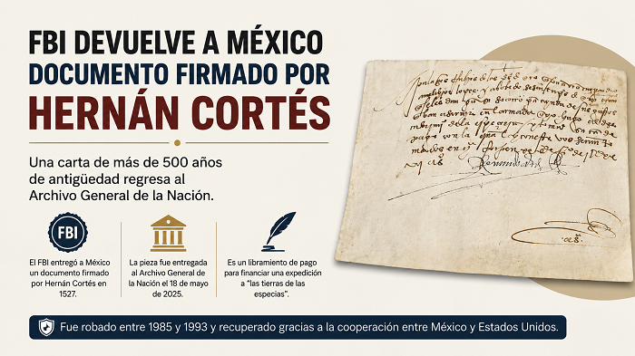 FBI devuelve a México documento firmado por Hernán Cortés con casi 500 años de antigüedad