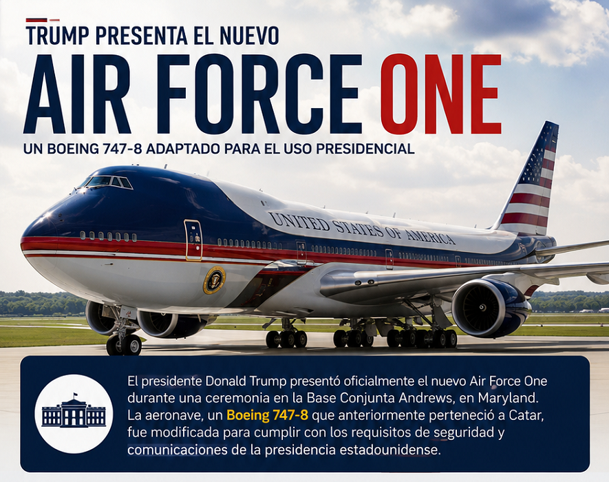 Trump presenta el nuevo Air Force One, un Boeing 747-8 adaptado para uso presidencial