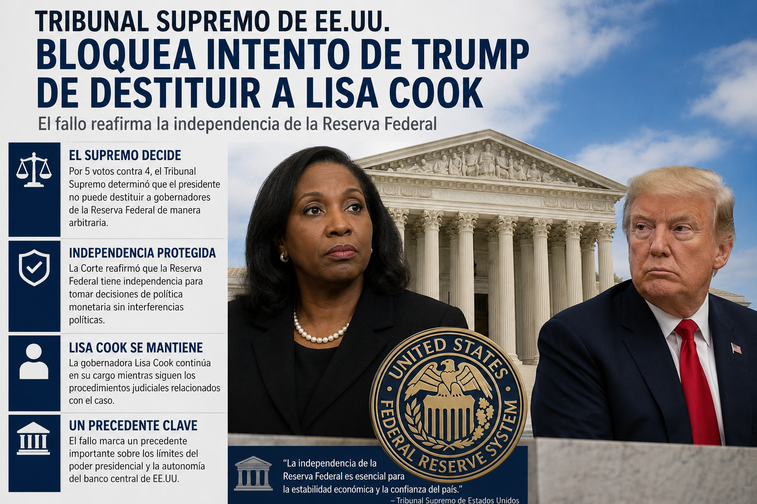 Tribunal Supremo de EU bloquea intento de Trump de destituir a Lisa Cook y refuerza la independencia de la Reserva Federal