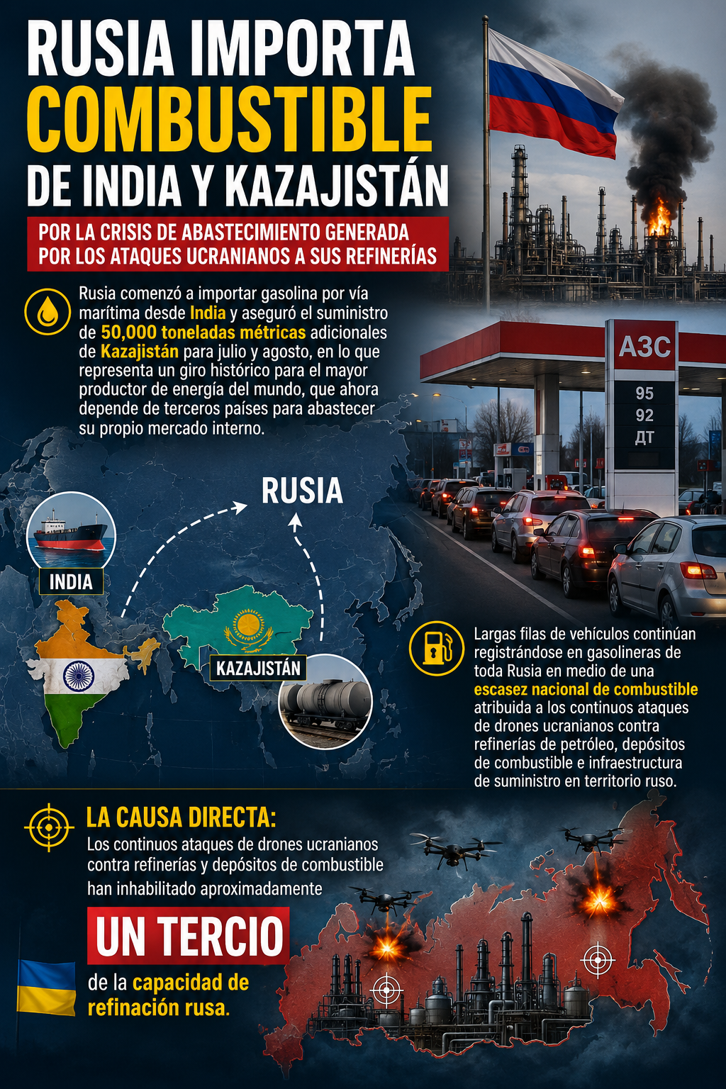 Rusia importa combustible de India y Kazajistán, por la crisis de abastecimiento generada por los ataques ucranianos a sus refinerías