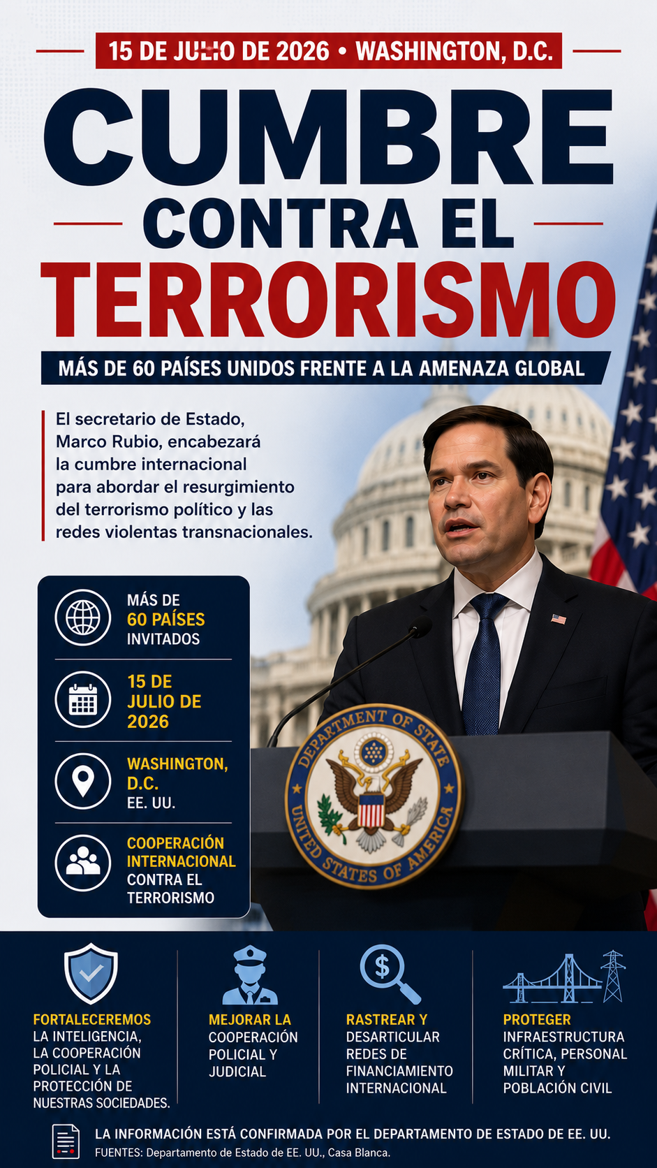 Marco Rubio convoca en Washington a más de 60 países para abordar el resurgimiento del terrorismo político