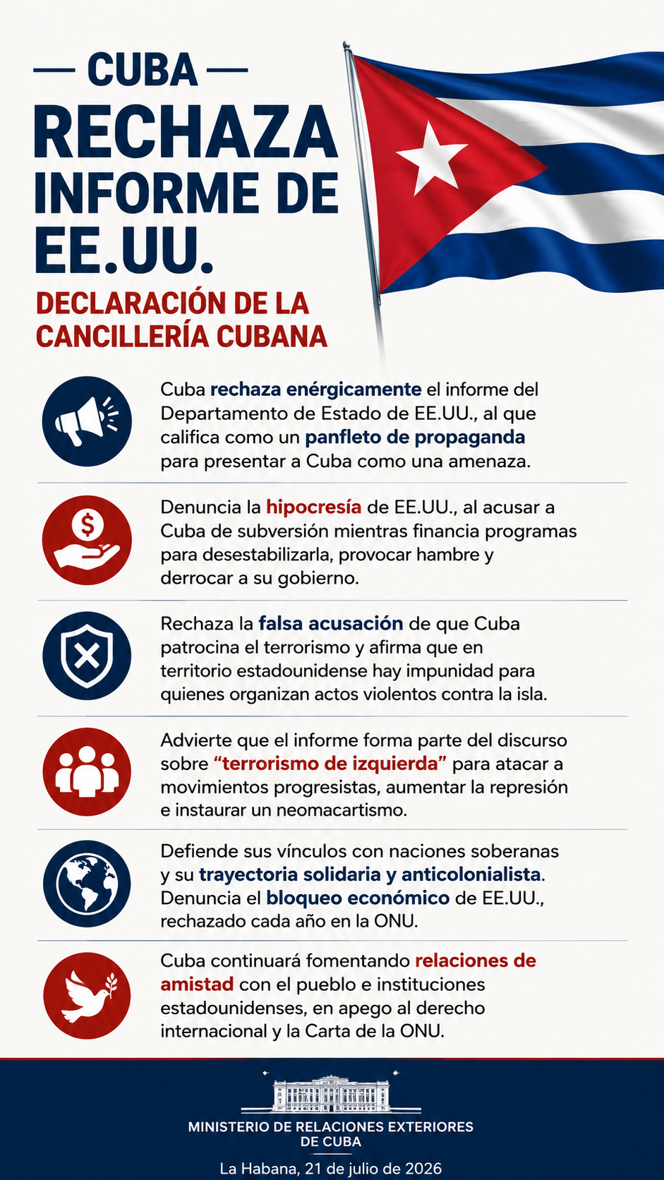 Enérgico rechazo de Cuba a nueva campaña calumniosa del Departamento de Estado de EU