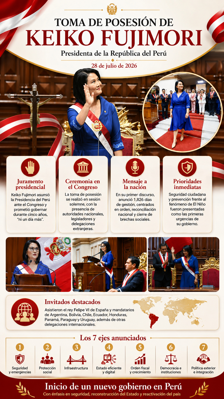 Keiko Fujimori inicia su Gobierno en Perú con siete grandes objetivos y un “cronómetro” de 1,826 días