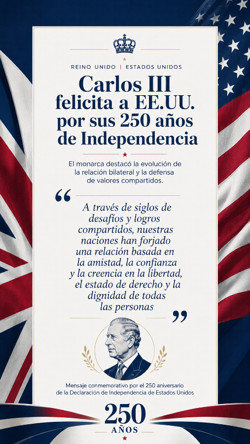 Mensaje del Rey Carlos III de Inglaterra para conmemorar el 250 aniversario de la Declaración de Independencia de los Estados Unidos