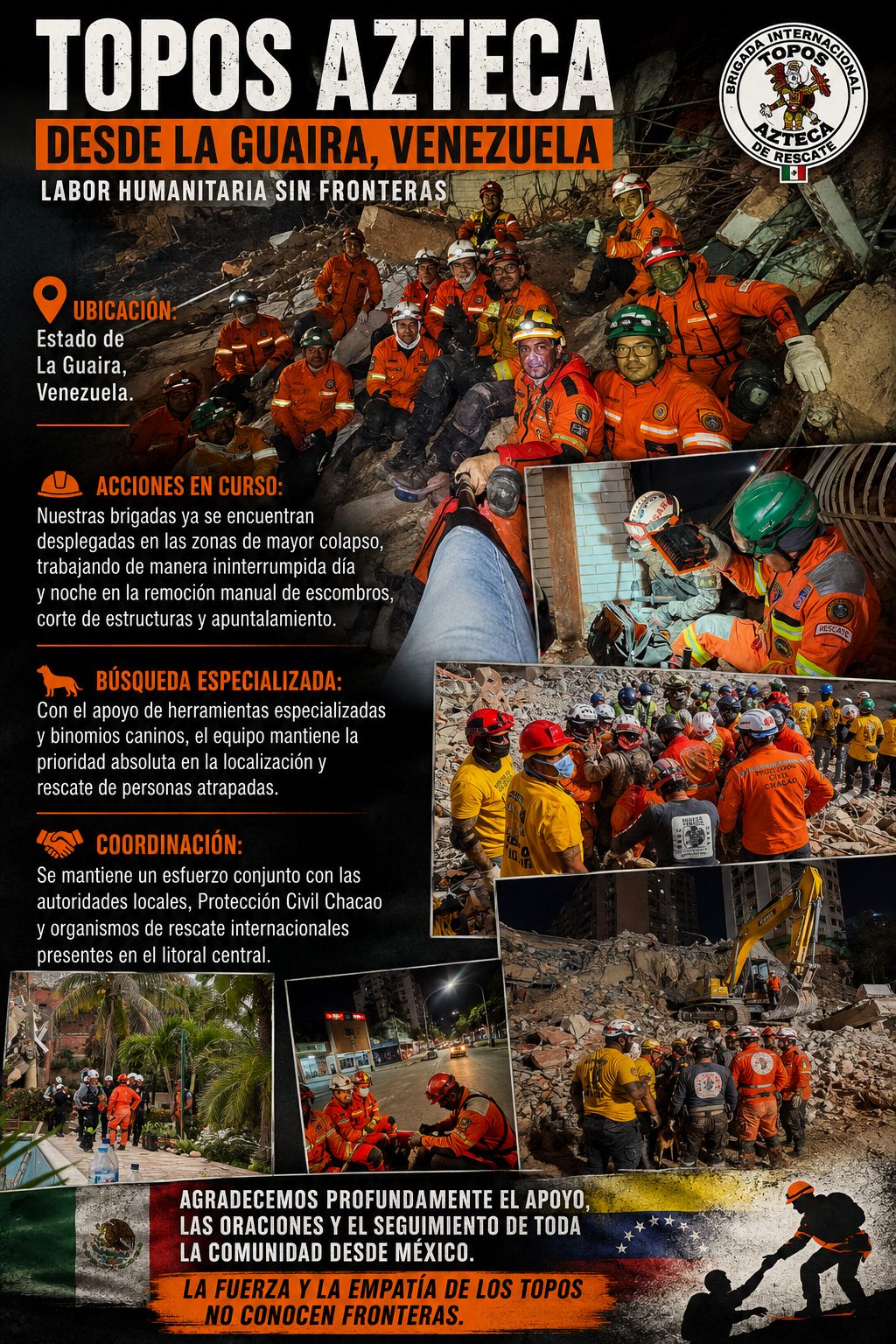 Topos Azteca intensifican labores de rescate en La Guaira tras devastadores sismos en Venezuela