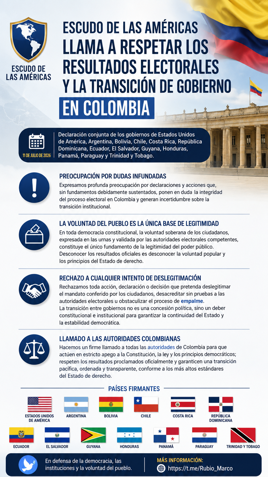 Escudo de las Américas llama a respetar los resultados electorales y la transición de gobierno en Colombia