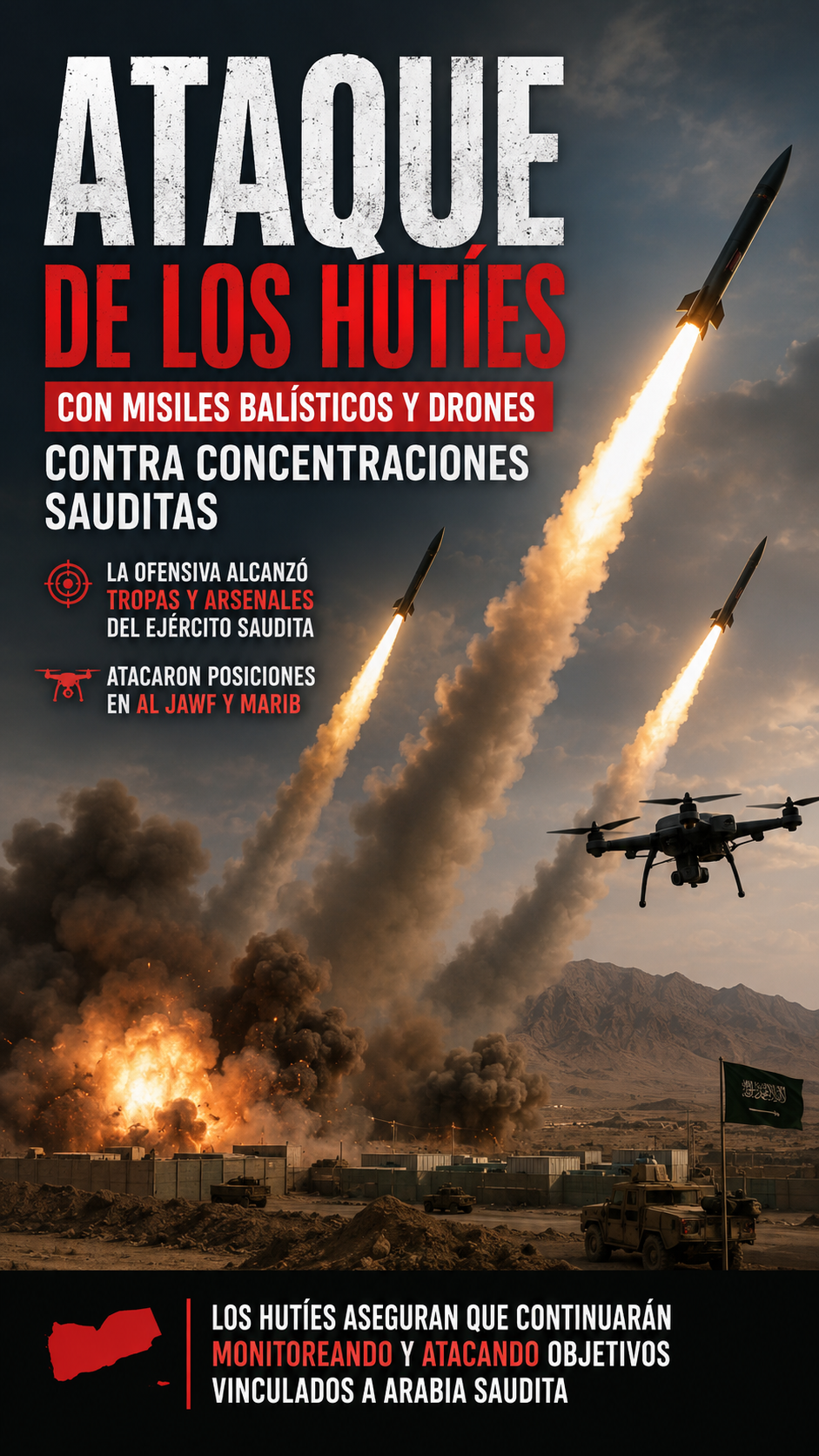 Yemen vive fuerte escalada: hutíes atacan Mocha con misiles y drones y golpean refinería saudita