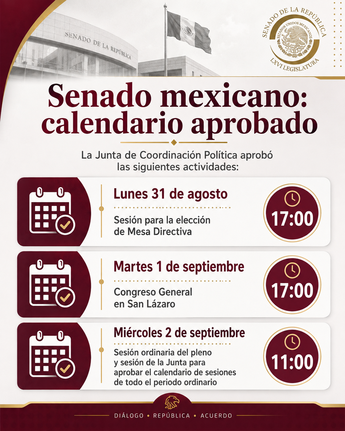 Senado define su calendario de actividades: elección de Mesa Directiva y arranque del periodo ordinario