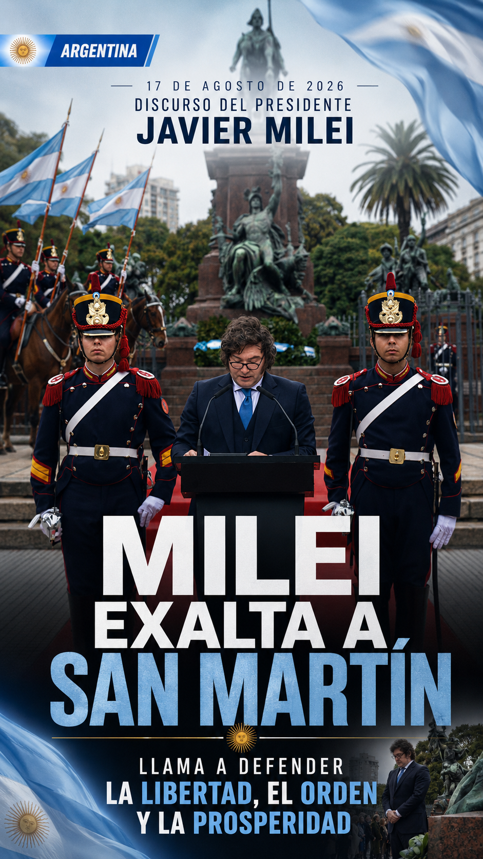 Milei reivindicó el legado del general José de San Martín y llama a defender la libertad, fortalecer las Fuerzas Armadas y combatir el crimen