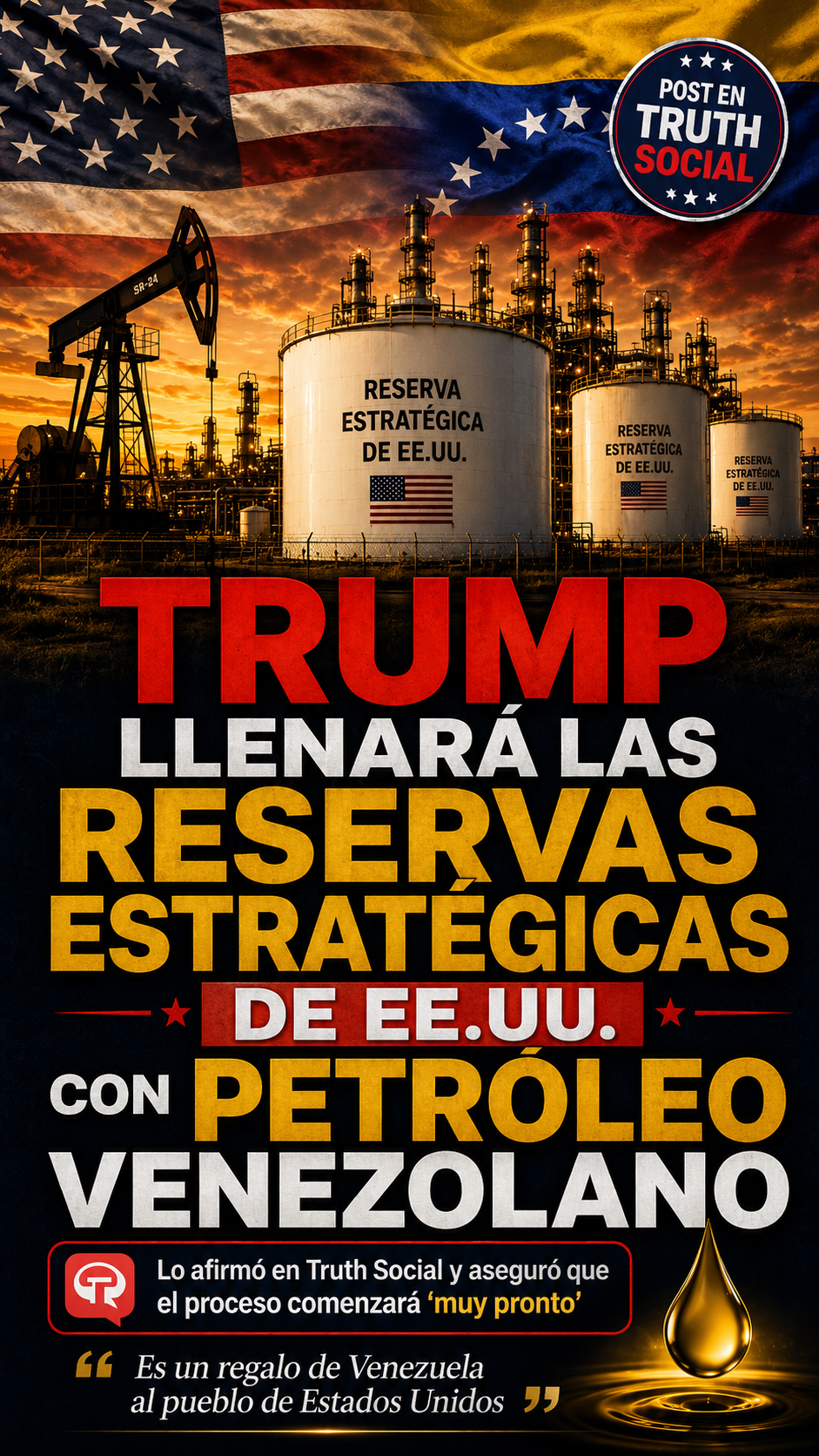 Trump anuncia que llenará la Reserva Estratégica de Estados Unidos con petróleo venezolano