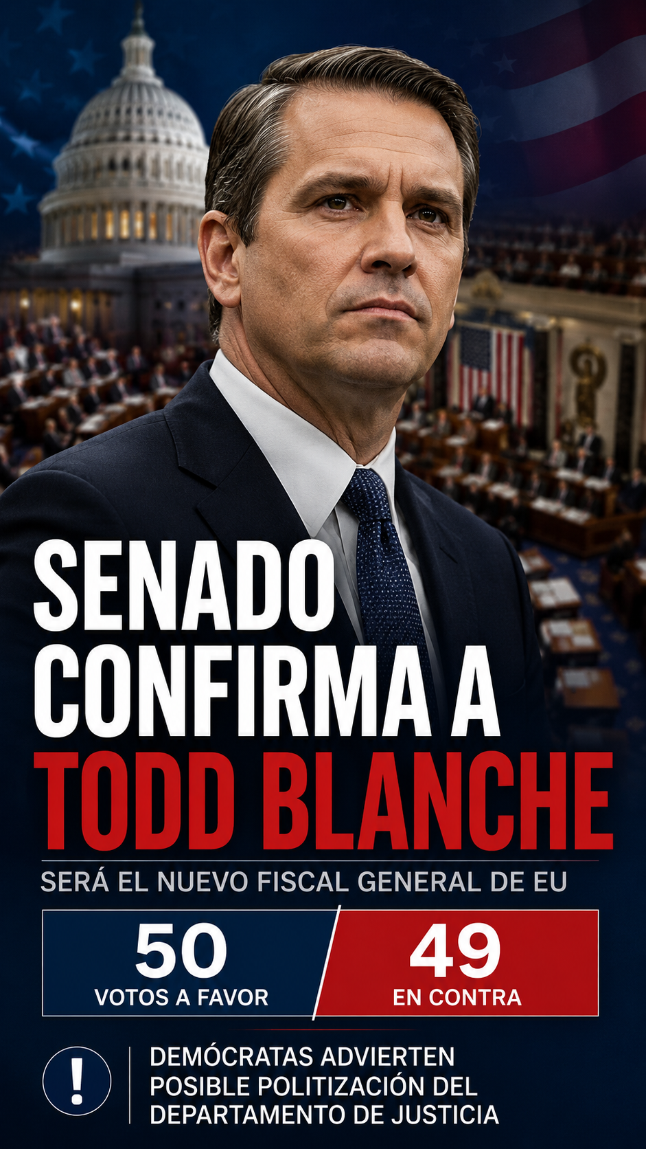 Senado confirma a Todd Blanche como fiscal general de Estados Unidos en ajustada votación