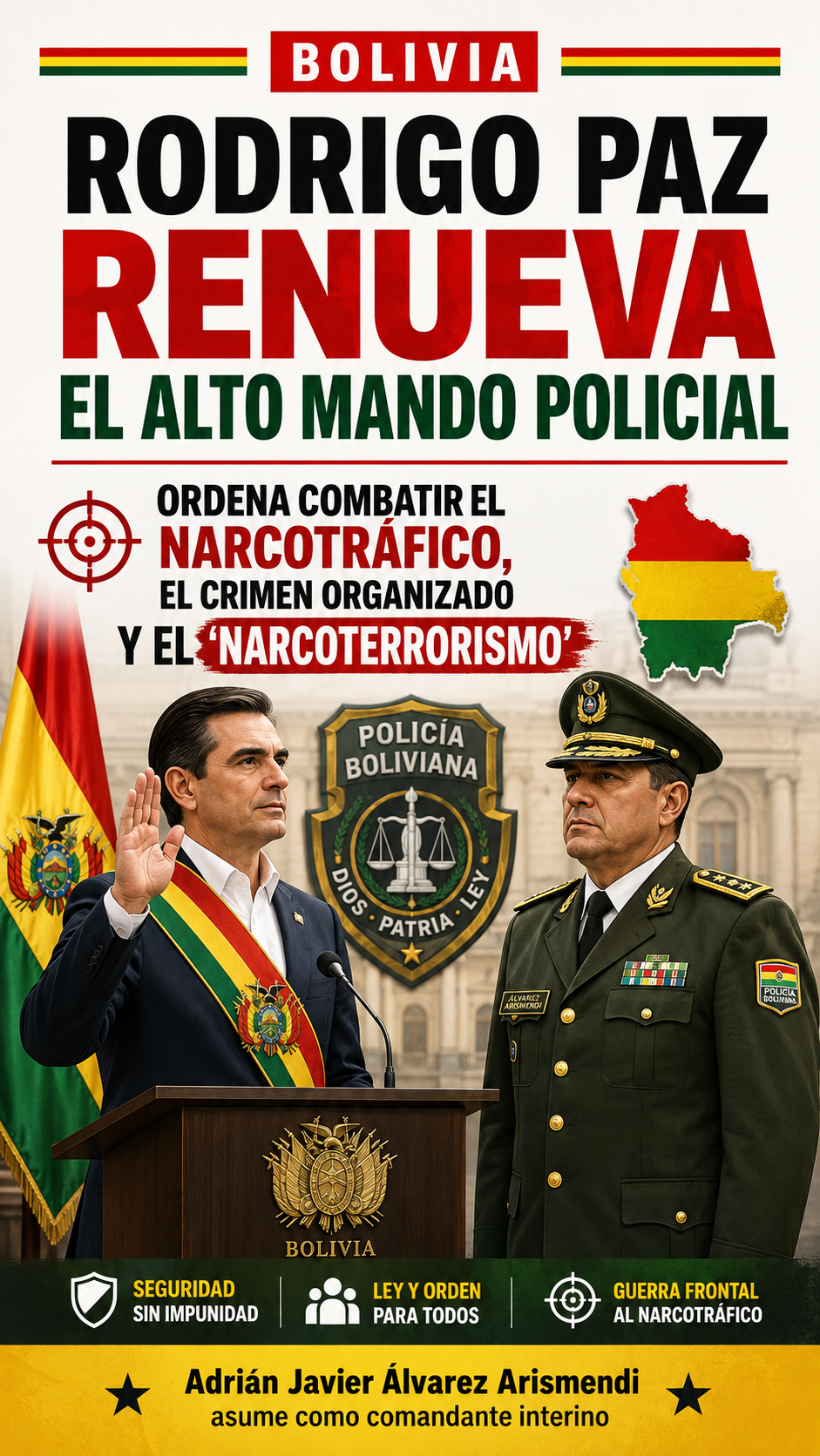 Rodrigo Paz ordena a nuevo mando policial combatir el “narcoterrorismo” y el crimen organizado en Bolivia