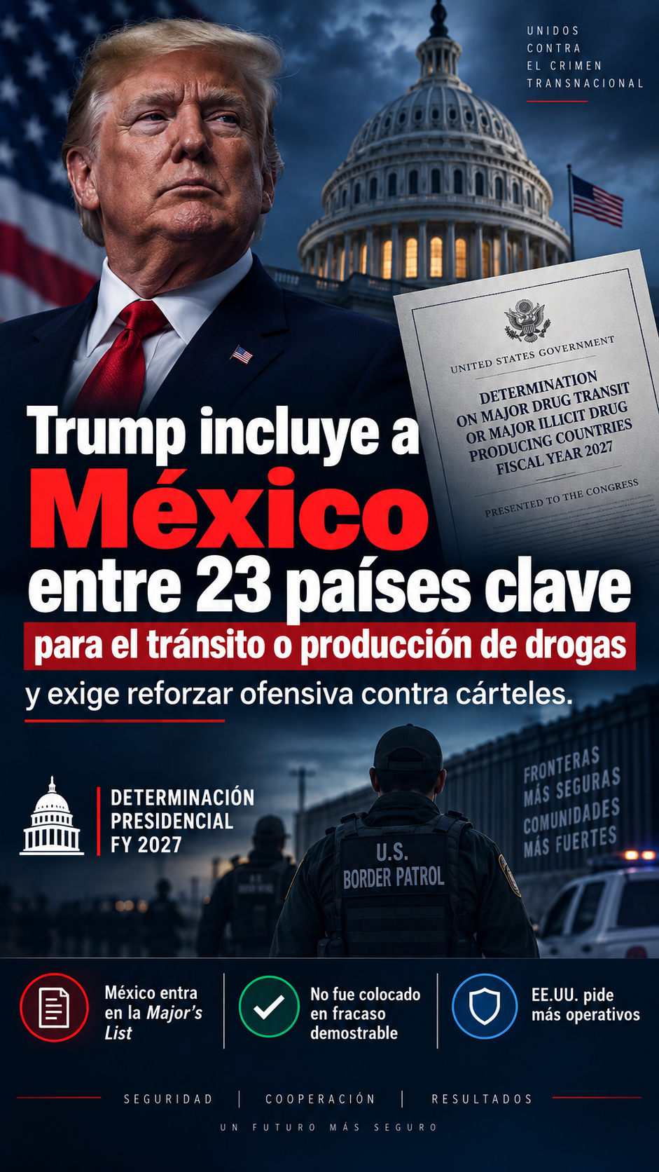 Trump incluye a México entre 23 países clave para el tránsito o producción de drogas y exige reforzar ofensiva contra cárteles