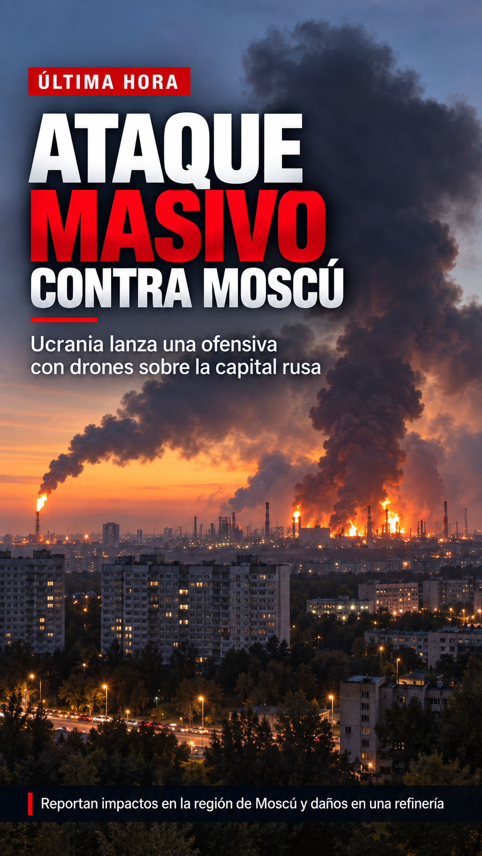 Ataque masivo con drones contra Moscú alcanza Refinería y deja víctimas