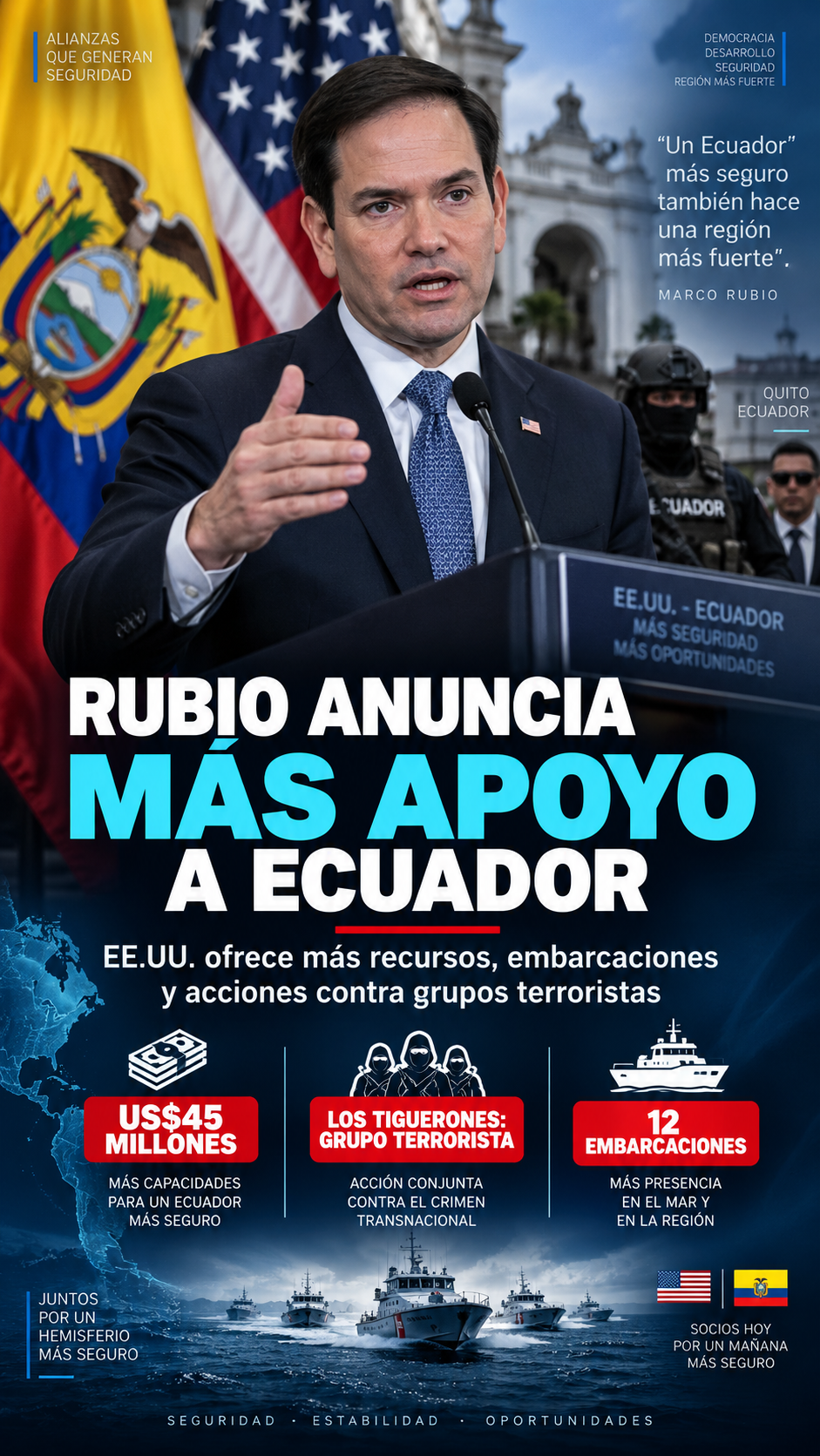 Marco Rubio en Ecuador: EE.UU. pedirá 45 millones de dólares para seguridad y designa a Los Tiguerones como grupo terrorista
