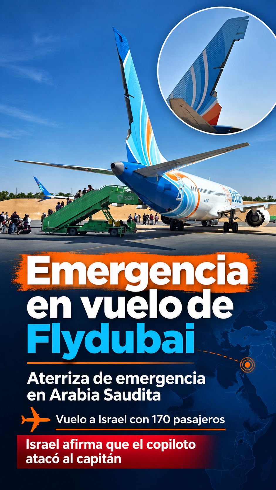 Copiloto apuñala al capitán de un vuelo de Flydubai a Israel; avión aterriza de emergencia en Arabia Saudita