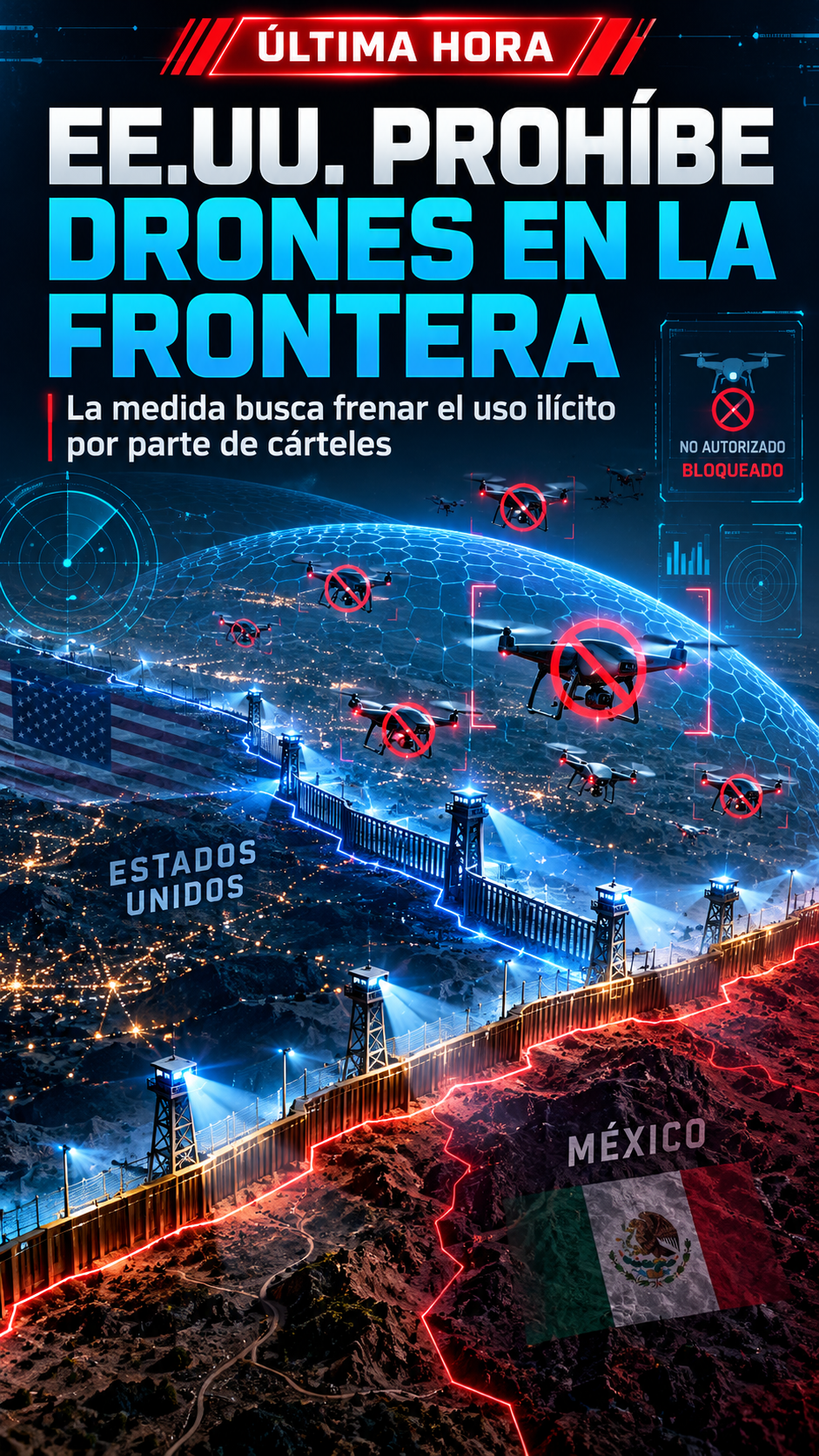 Estados Unidos prohíbe vuelos de drones en toda la frontera con México y advierte que derribará los utilizados por cárteles