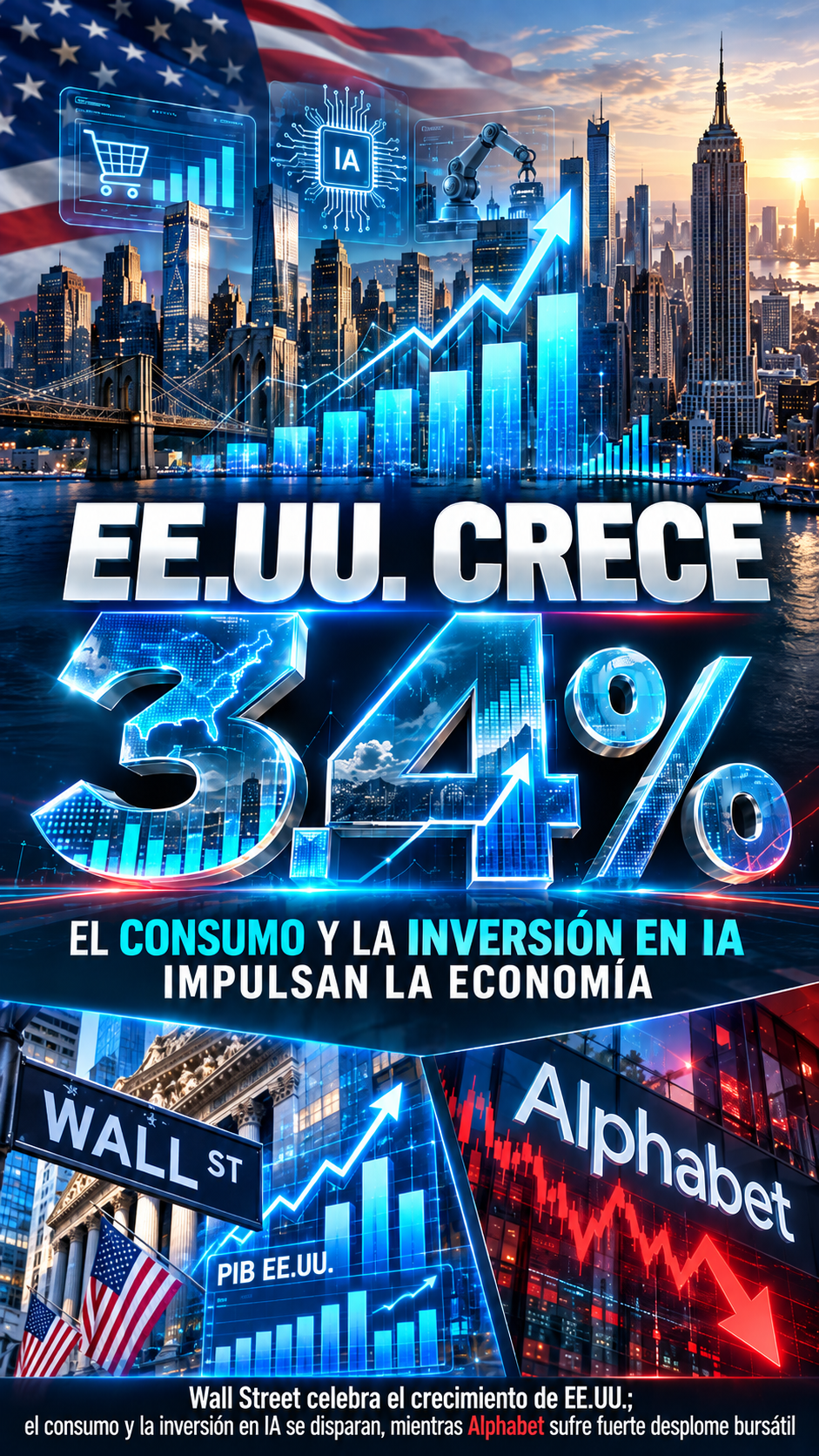 Economía de Estados Unidos crece 3.4% y supera las expectativas, impulsada por el consumo y la inversión en inteligencia artificial