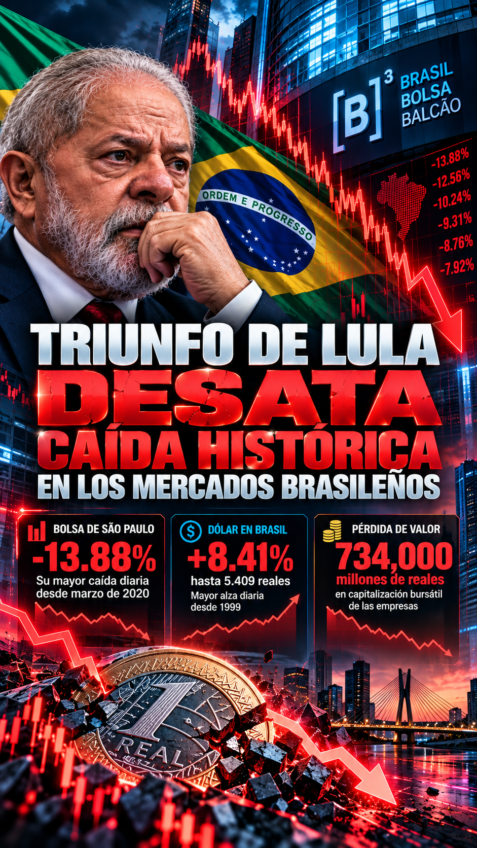 Brasil: desplome histórico de la Bolsa, devaluación de su moneda y temor a una fuga de capitales tras el triunfo de Lula