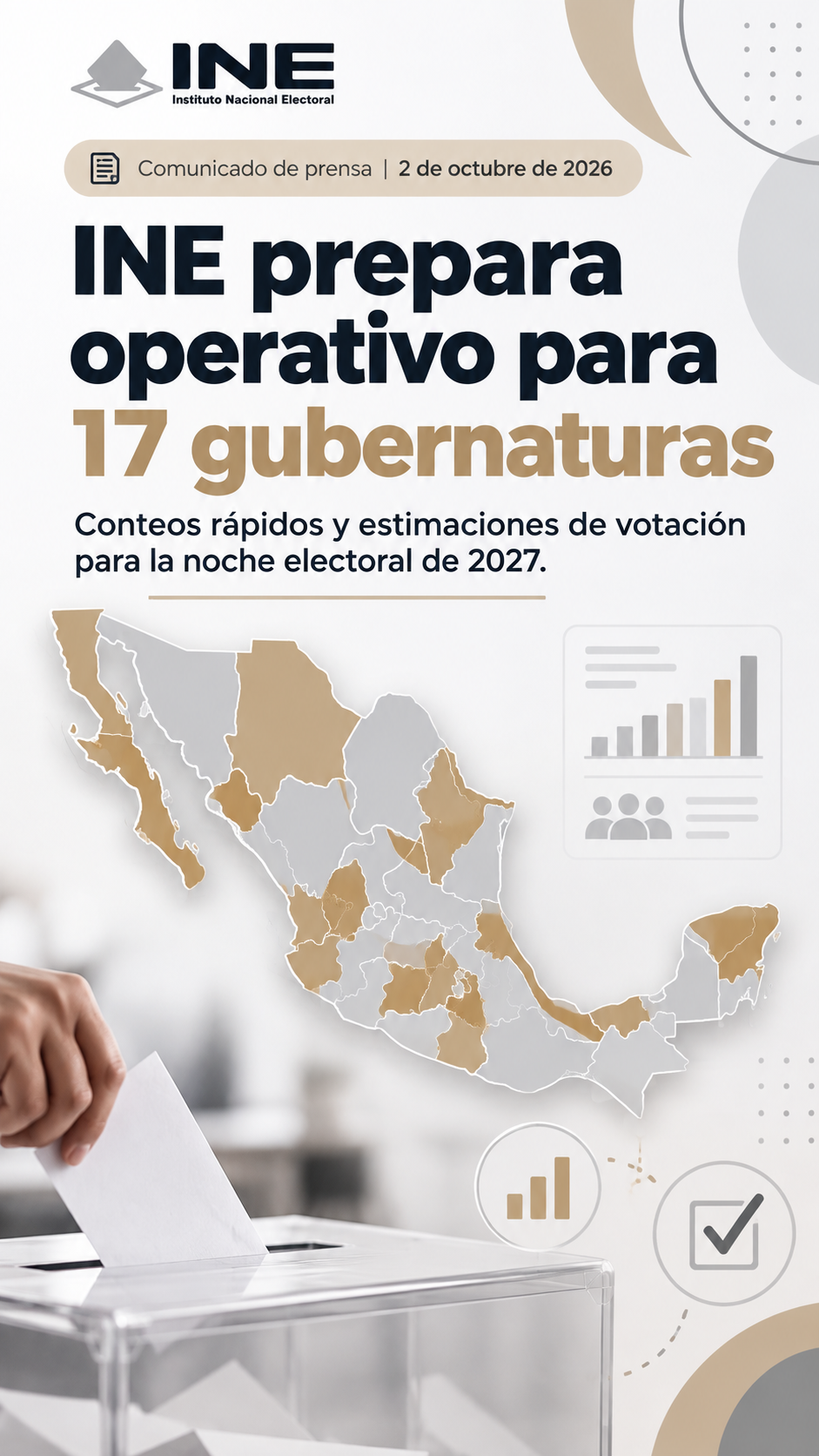 INE prepara operativo nacional para conteos rápidos en 17 elecciones de gubernatura de 2027