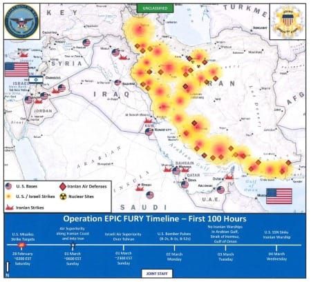 Mapa de las primeras 100 horas de ataques de Estados Unidos contra Irán