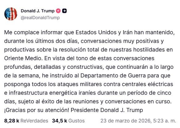 Trump ordena posponer durante cinco días cualquier ataque militar contra las centrales eléctricas de Irán