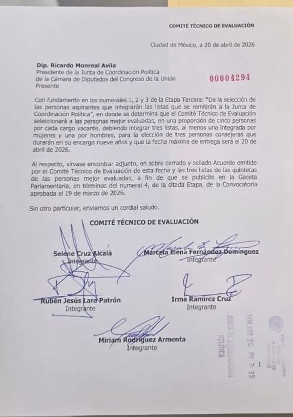 Recibe Jucopo de diputados las listas de candidatos al consejo general del INE