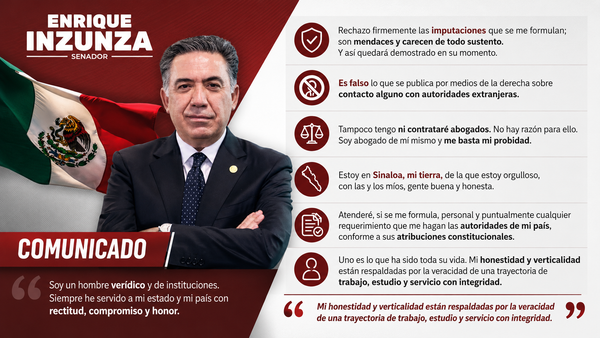 Niega el Senador Enrique Inzunza que haya sido detenido en Estados Unidos